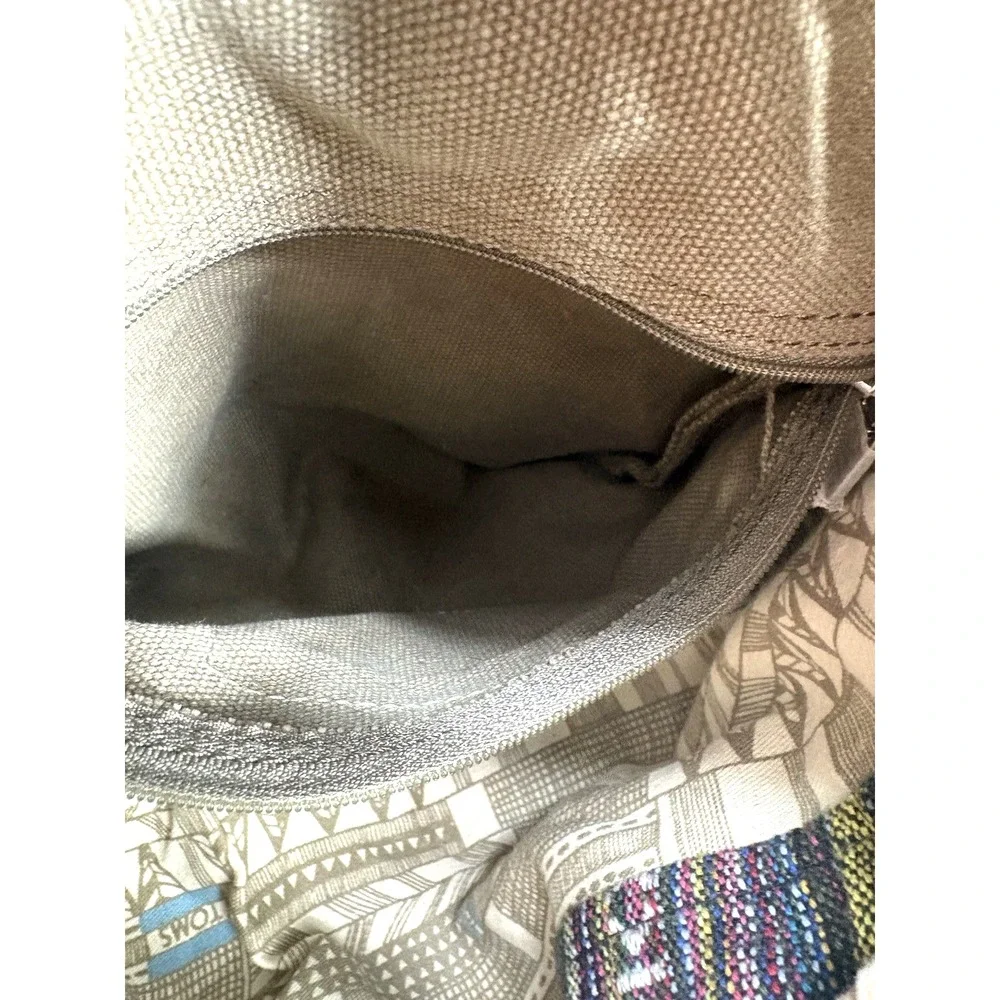TOMS Canvas Drawstring Pouch Sak Bag Geometric Embroidered Boho Faux Leather
